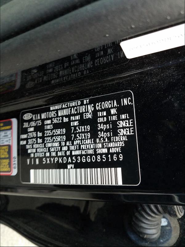 2016 KIA SORENTO SX 5XYPKDA53GG085169