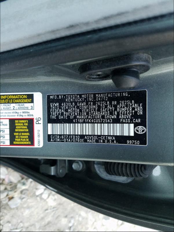 2012 TOYOTA CAMRY BASE 4T1BF1FK4CU572543
