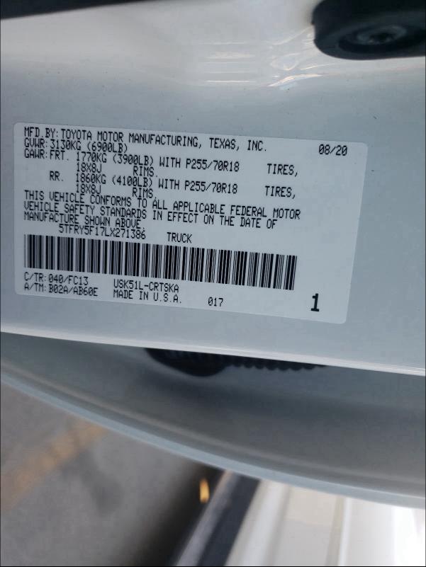 2020 TOYOTA TUNDRA DOU 5TFRY5F17LX271386