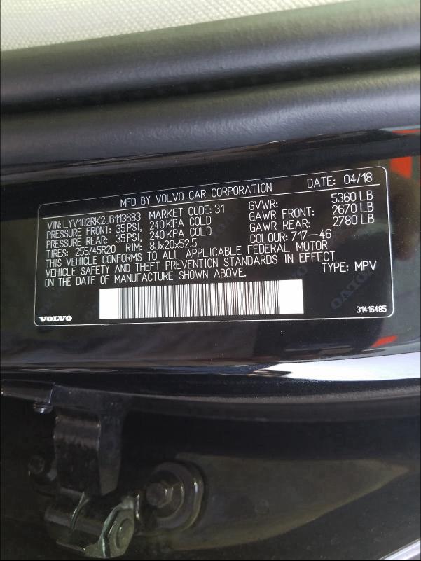 2018 VOLVO XC60 T5 LYV102RK2JB113683