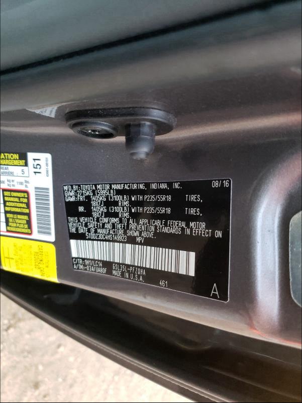 2017 TOYOTA SIENNA XLE 5TDDZ3DC4HS149923