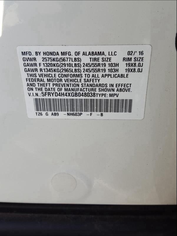 2016 ACURA MDX TECHNO 5FRYD4H4XGB048038