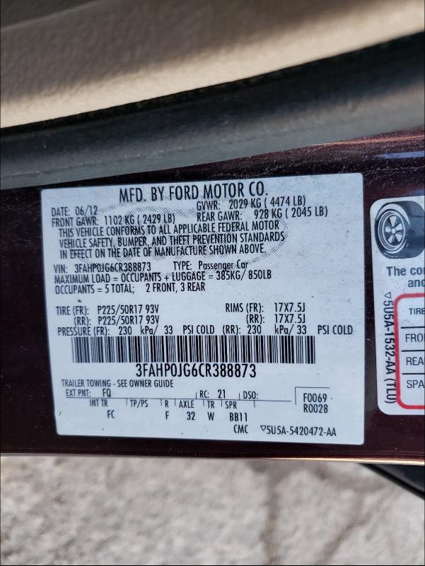 2012 FORD FUSION SEL 3FAHP0JG6CR388873