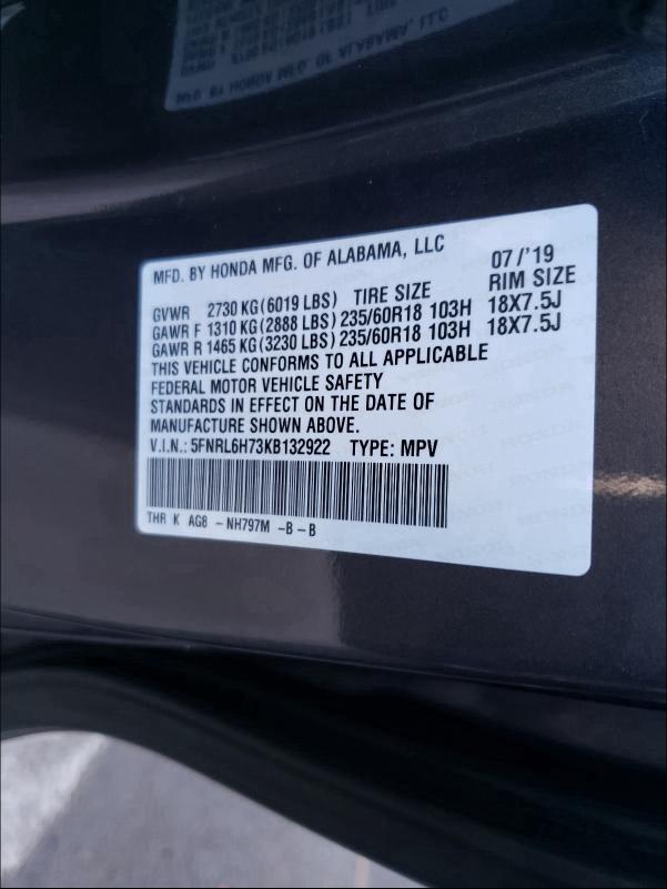 2019 HONDA ODYSSEY EX 5FNRL6H73KB132922