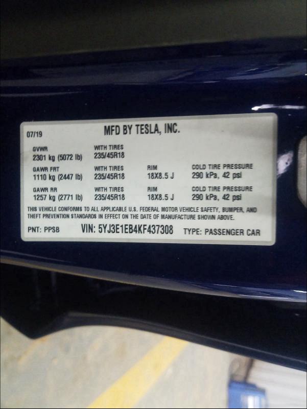 2019 TESLA MODEL 3 5YJ3E1EB4KF437308