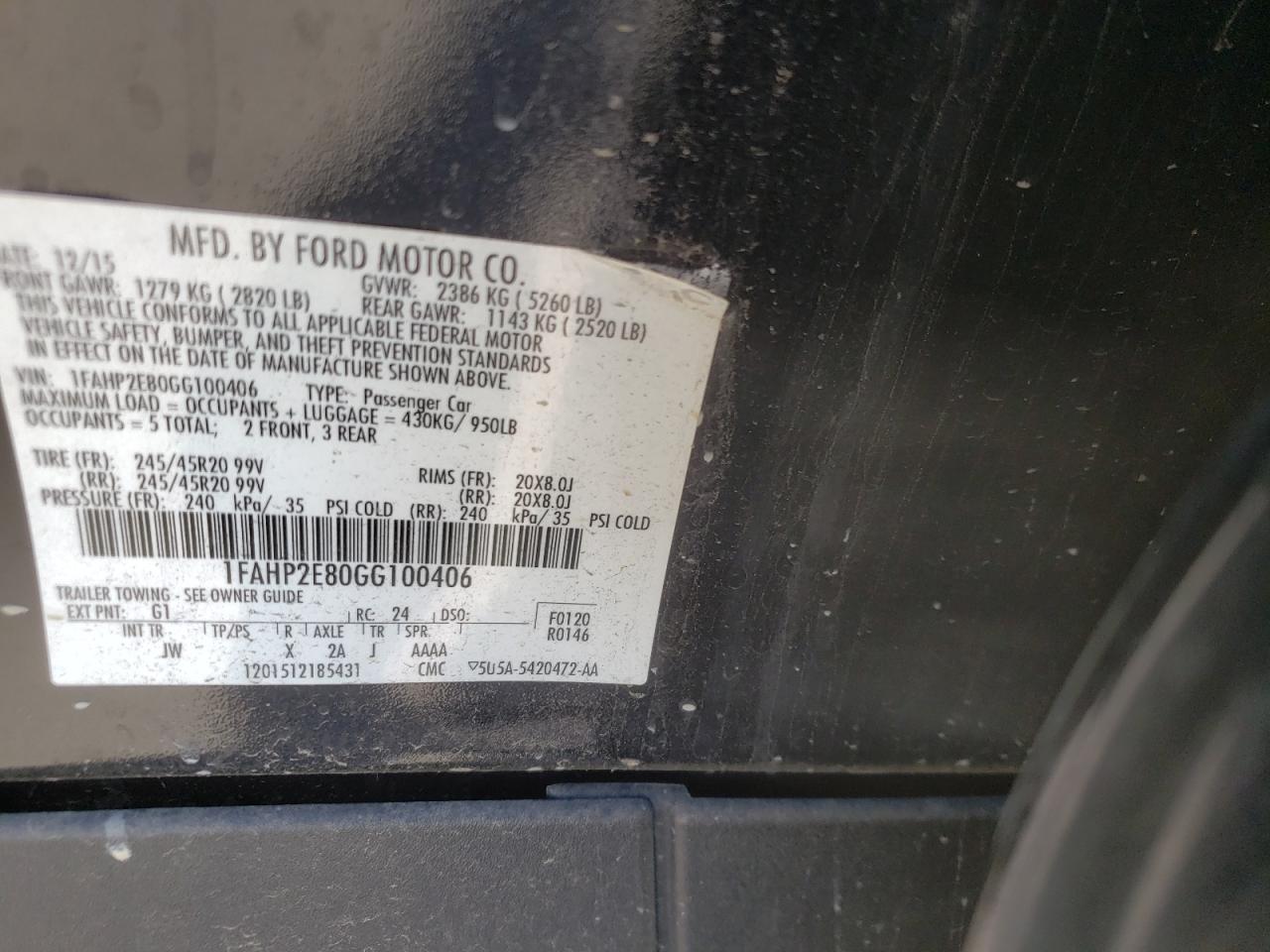1FAHP2E80GG100406 FORD TAURUS 2016