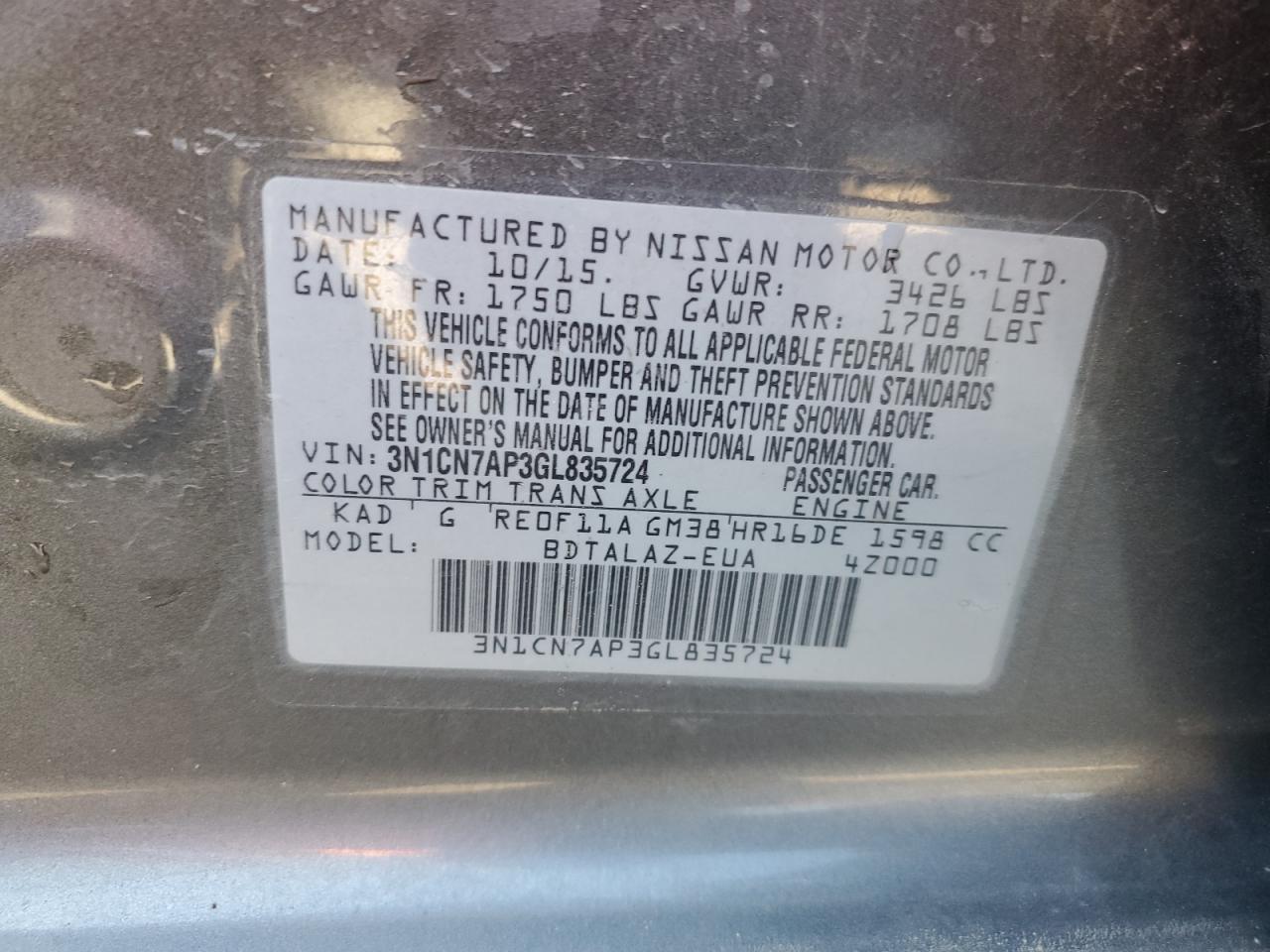 3N1CN7AP3GL835724 2016 Nissan Versa S