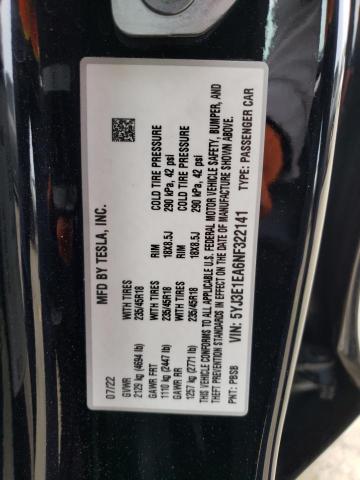 5YJ3E1EA6NF322141 Tesla MODEL 3