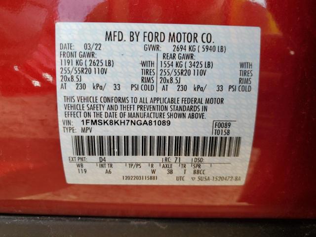 1FMSK8KH7NGA81089 Ford Explorer St-line
