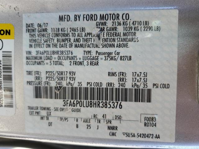 3FA6P0LU8HR385376 Ford Fusion Se Hybrid