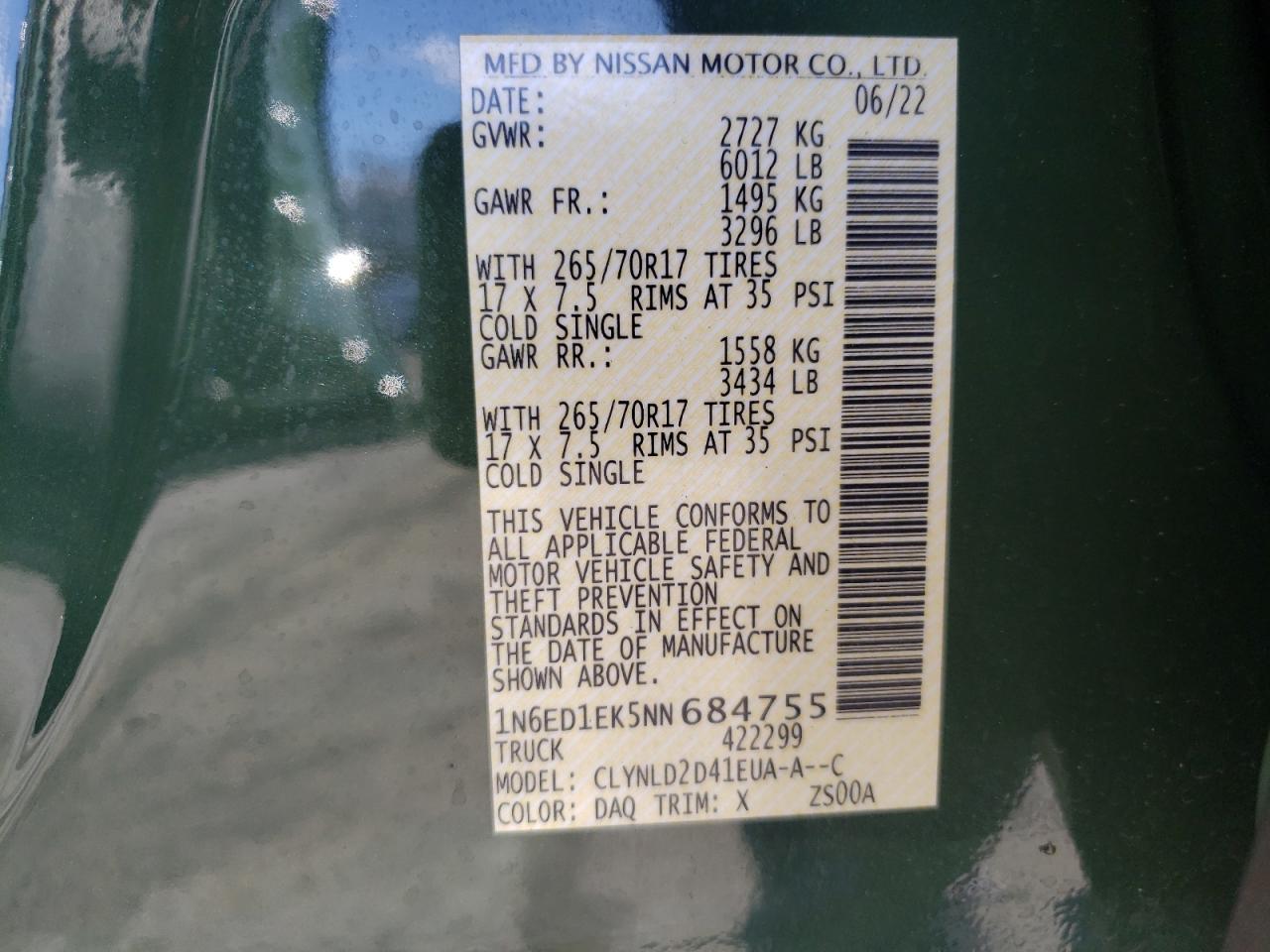 VIN: 1N6ED1EK5NN684755 2022 NISSAN FRONTIER