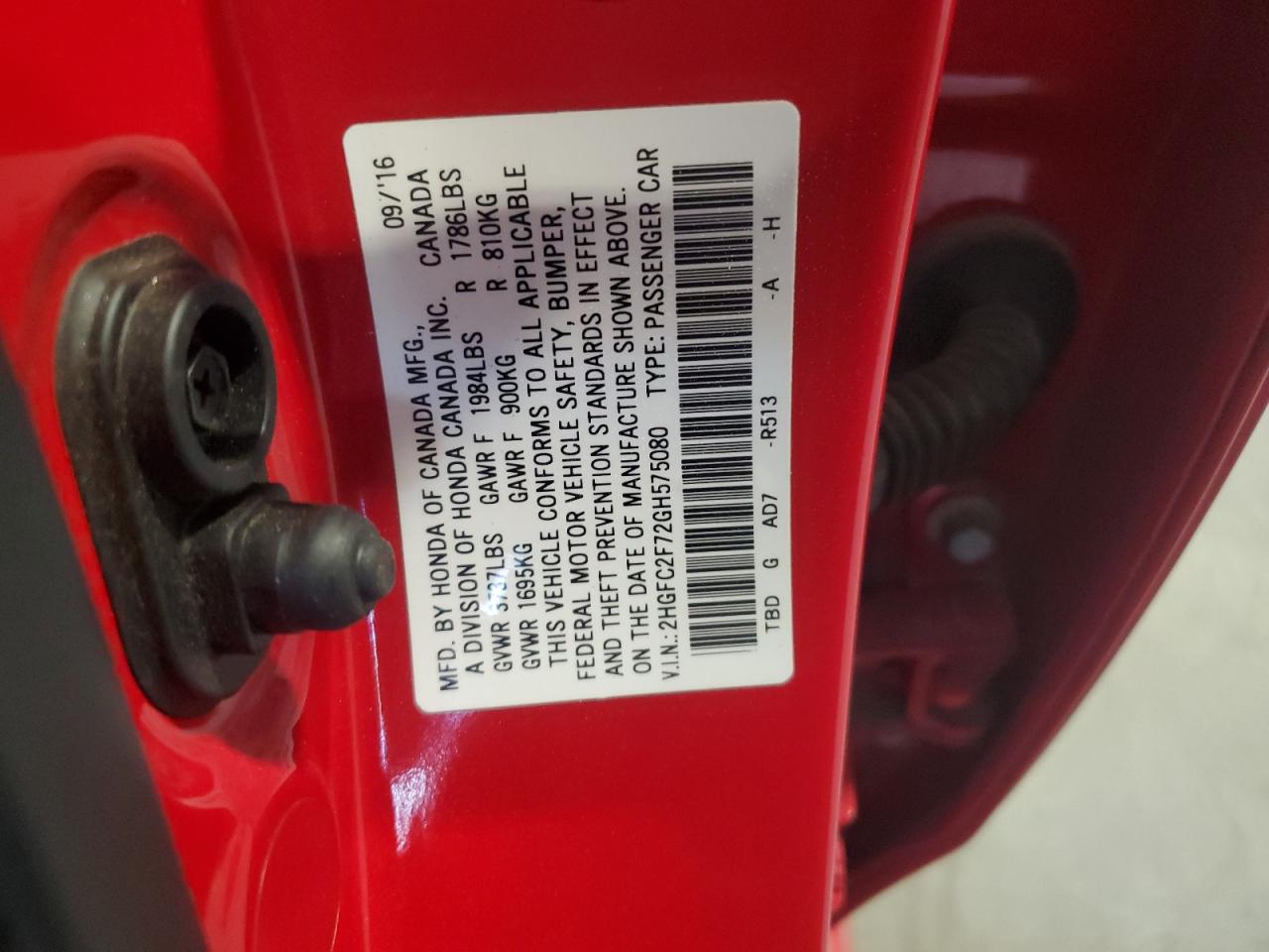 2HGFC2F72GH575080 HONDA CIVIC 2016