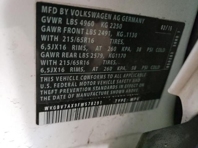 2015 VOLKSWAGEN TIGUAN S - WVGBV7AX9FW578291