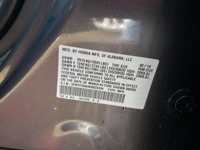 2019 HONDA PILOT TOUR - 5FNYF5H64KB028394