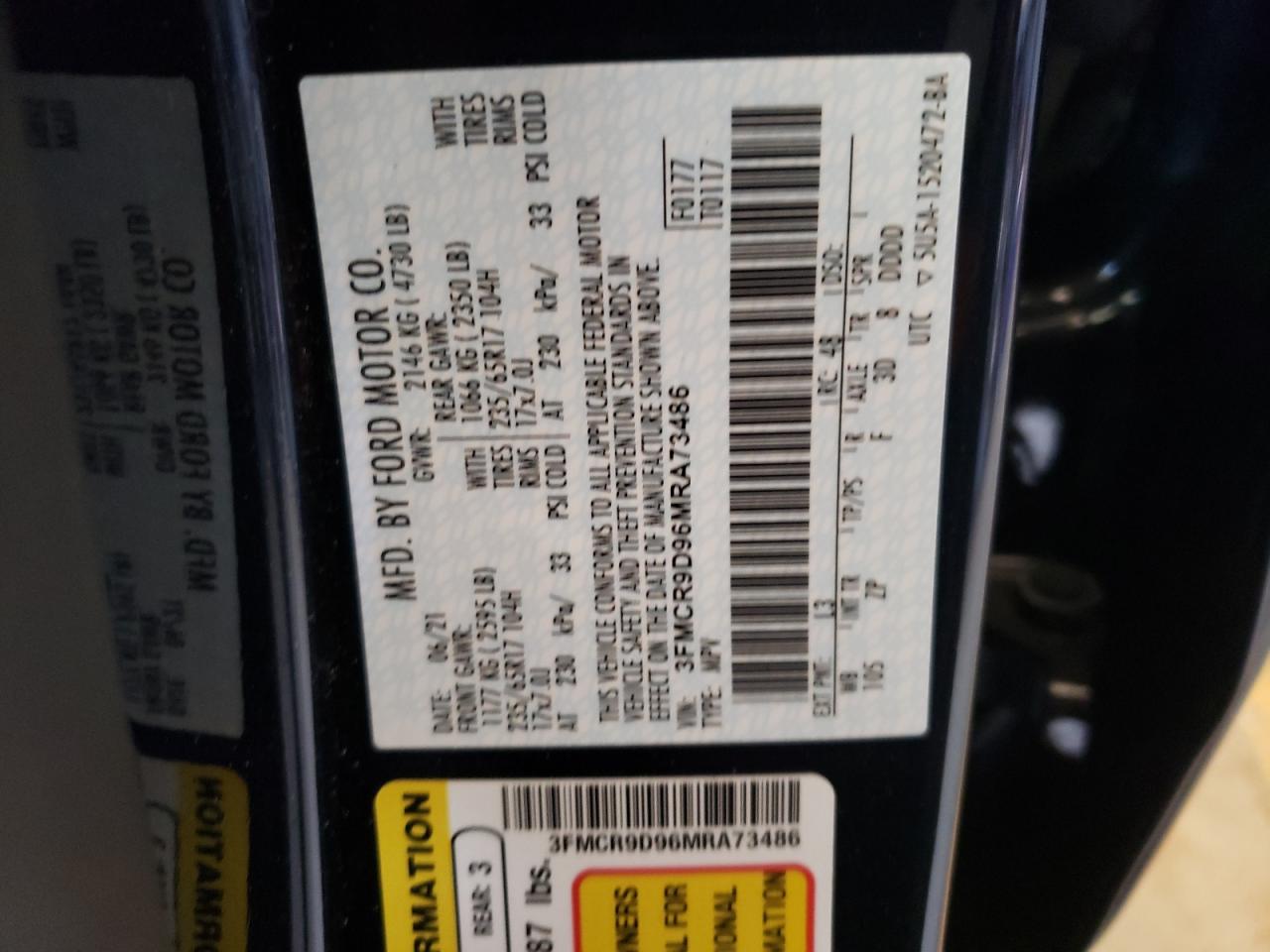 VIN: 3FMCR9D96MRA73486 2021 FORD BRONCO