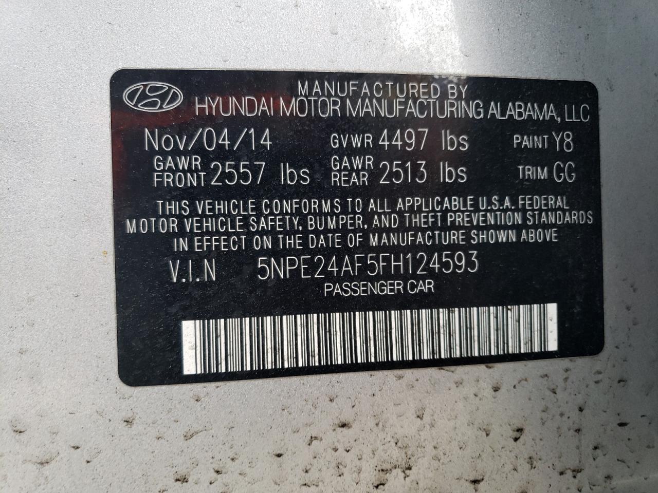 5NPE24AF5FH124593 2015 Hyundai Sonata Se