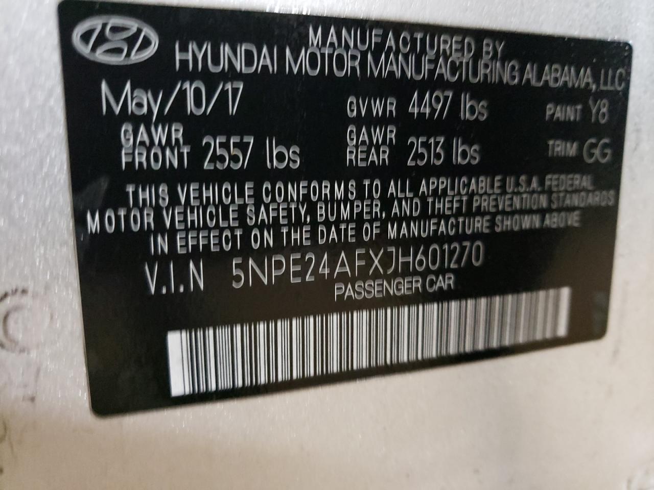 5NPE24AFXJH601270 HYUNDAI SONATA 2018