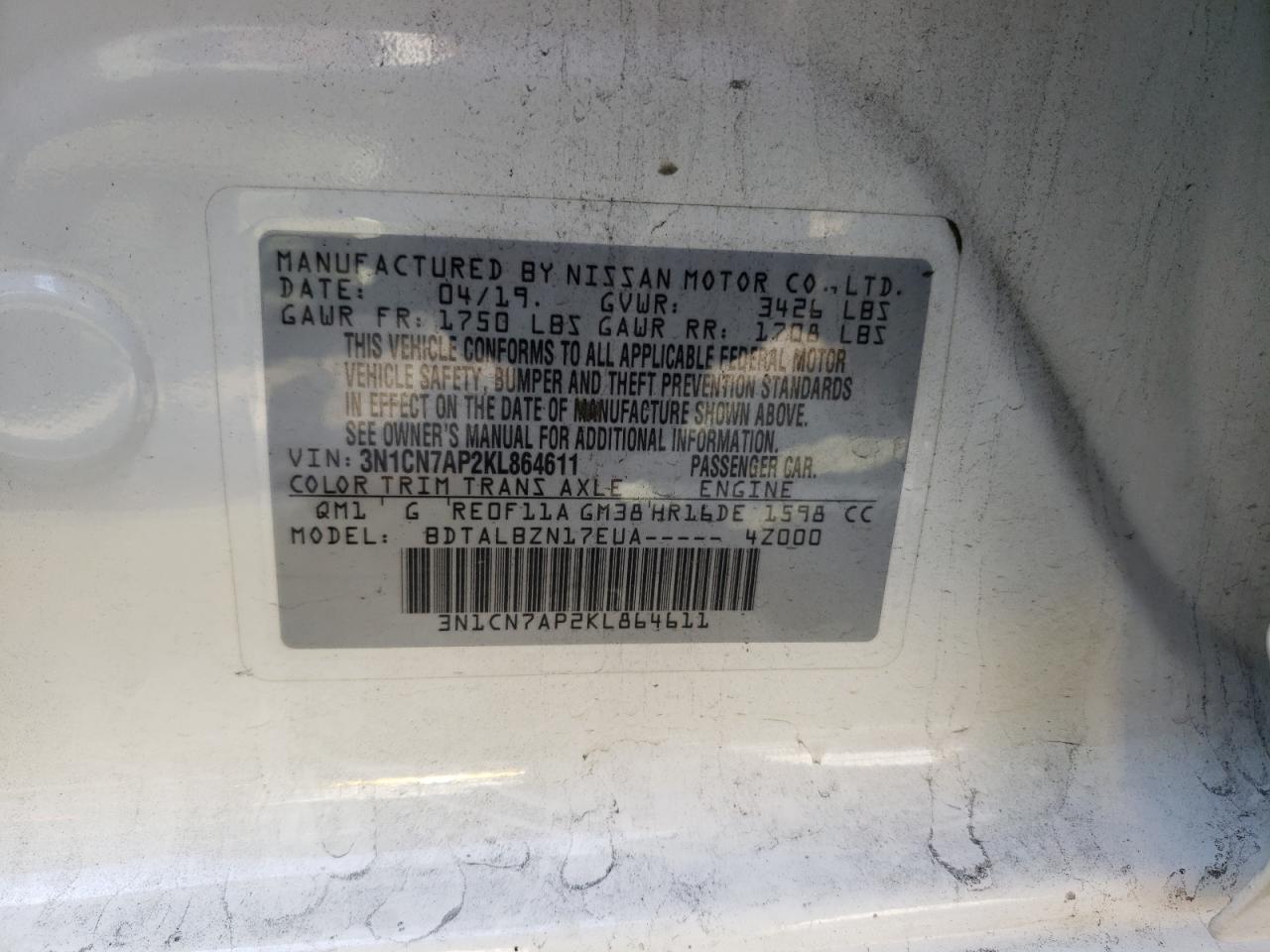 3N1CN7AP2KL864611 NISSAN VERSA 2019