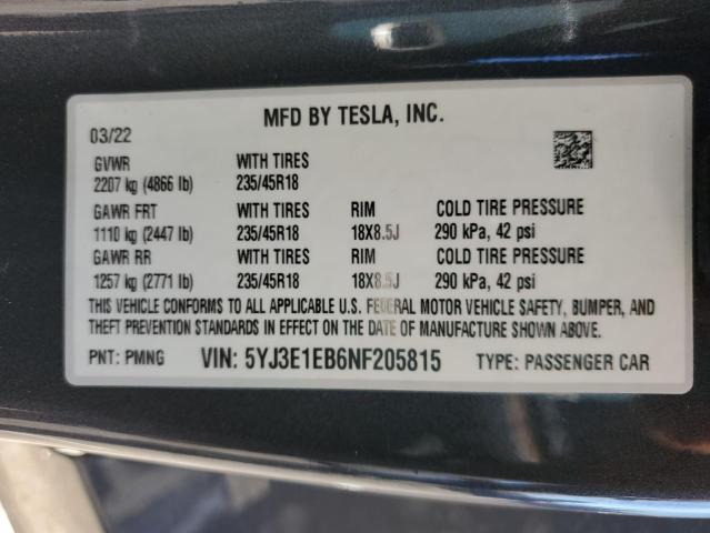 5YJ3E1EB6NF205815 Tesla MODEL 3