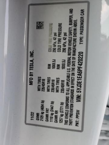 5YJ3E1EA6PF420220 Tesla MODEL 3
