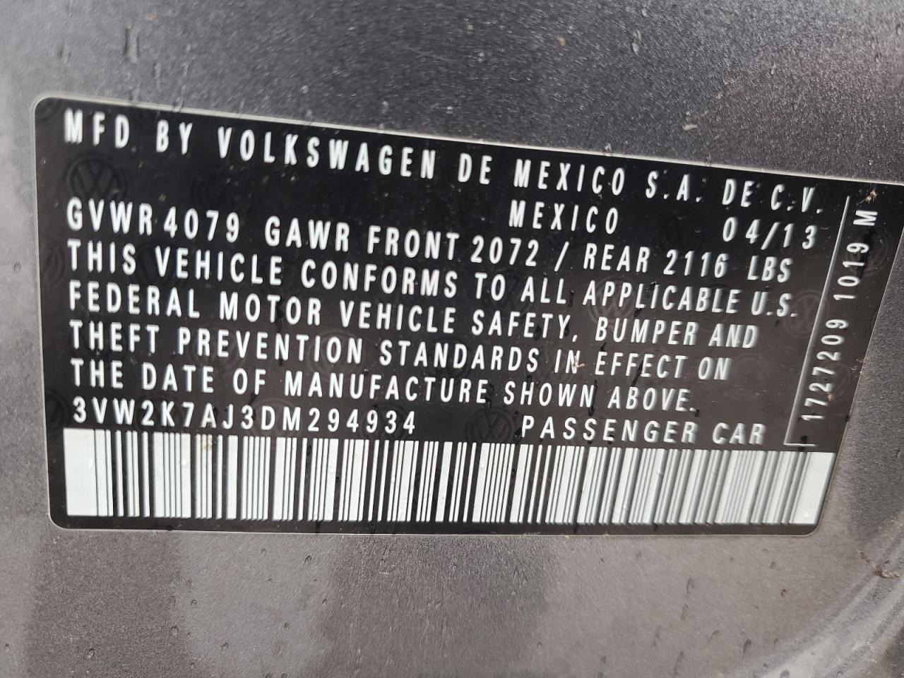 2013 Volkswagen Jetta Base VIN: 3VW2K7AJ3DM294934 Lot: 44142883