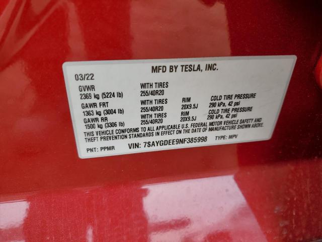 7SAYGDEE9NF385998 Tesla Model Y