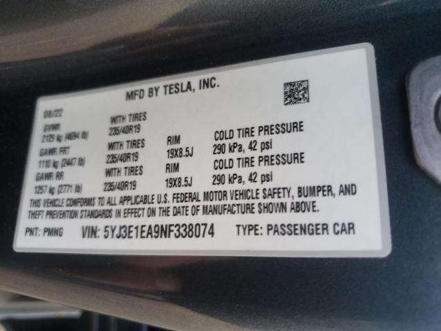 5YJ3E1EA9NF338074 Tesla MODEL 3
