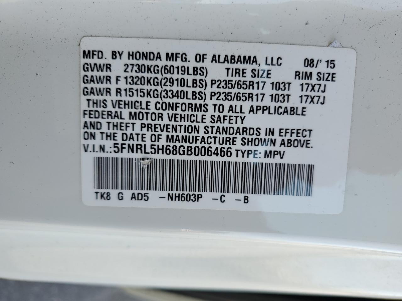 5FNRL5H68GB006466 2016 Honda Odyssey Exl