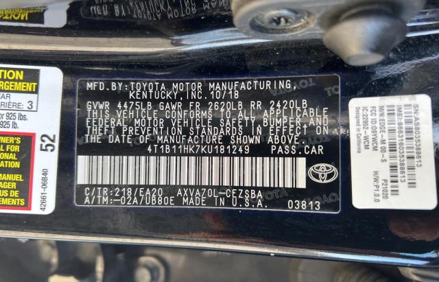 2019 TOYOTA CAMRY L - 4T1B11HK7KU181249