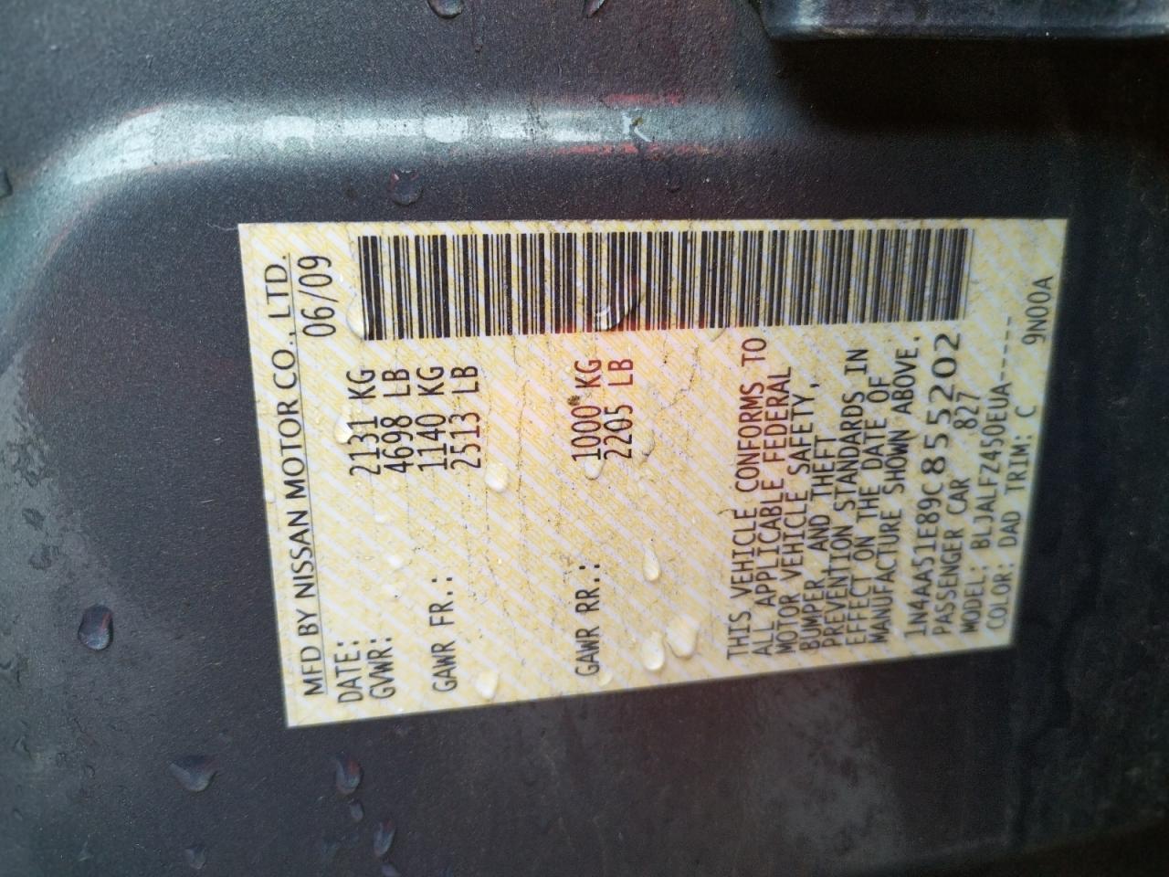 1N4AA51E89C855202 2009 Nissan Maxima S