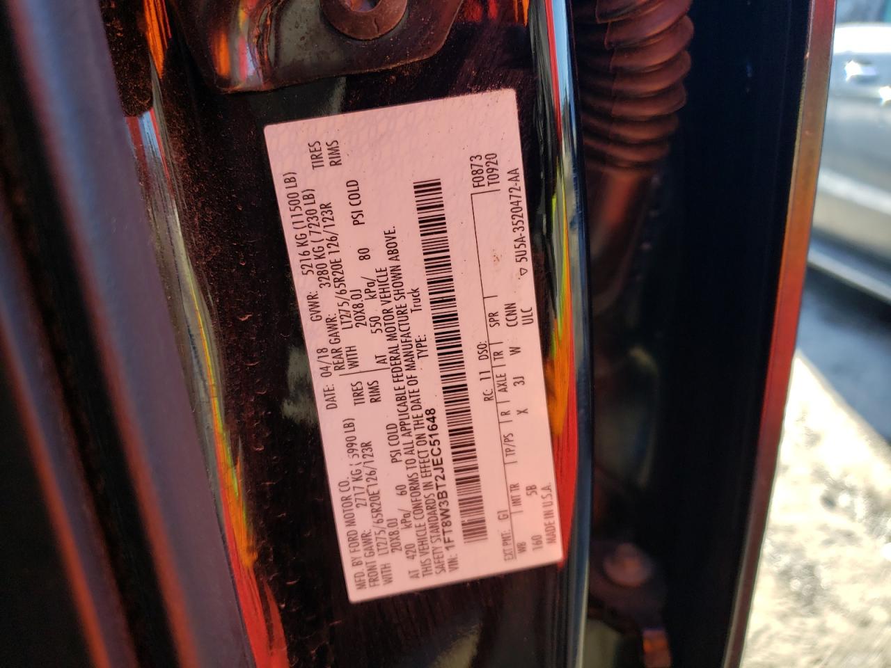 VIN: 1FT8W3BT2JEC51648 2018 FORD F350