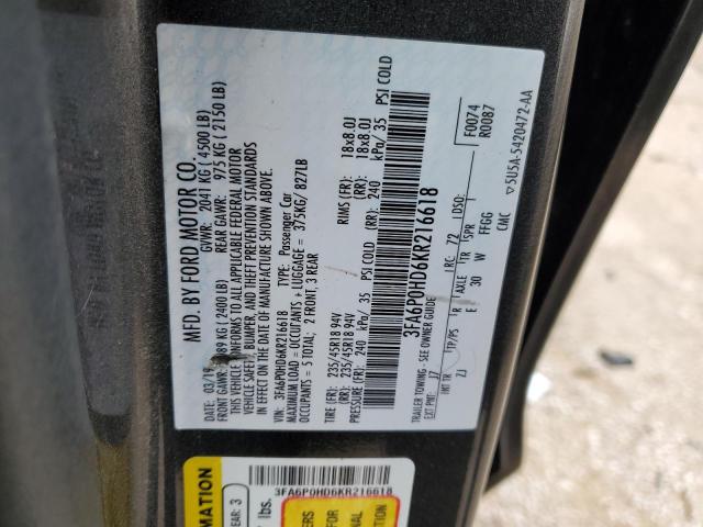 2019 FORD FUSION SE 3FA6P0HD6KR216618