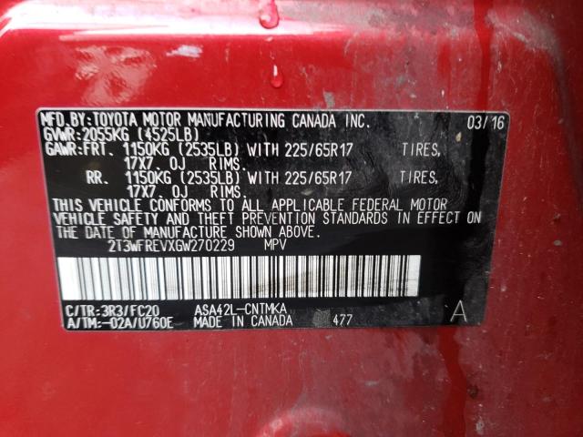 2T3WFREVXGW270229 Toyota Rav4 Xle