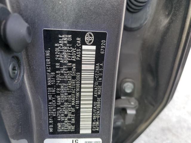 4T1B11HK1KU693069 Toyota Camry L 12