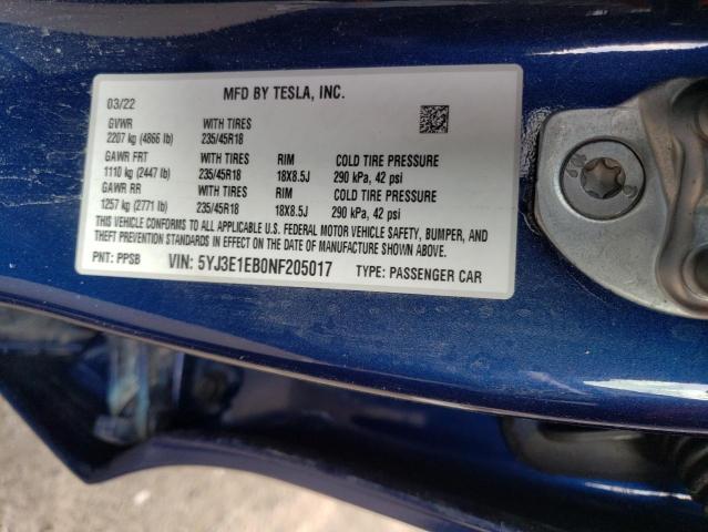 5YJ3E1EB0NF205017 Tesla MODEL 3