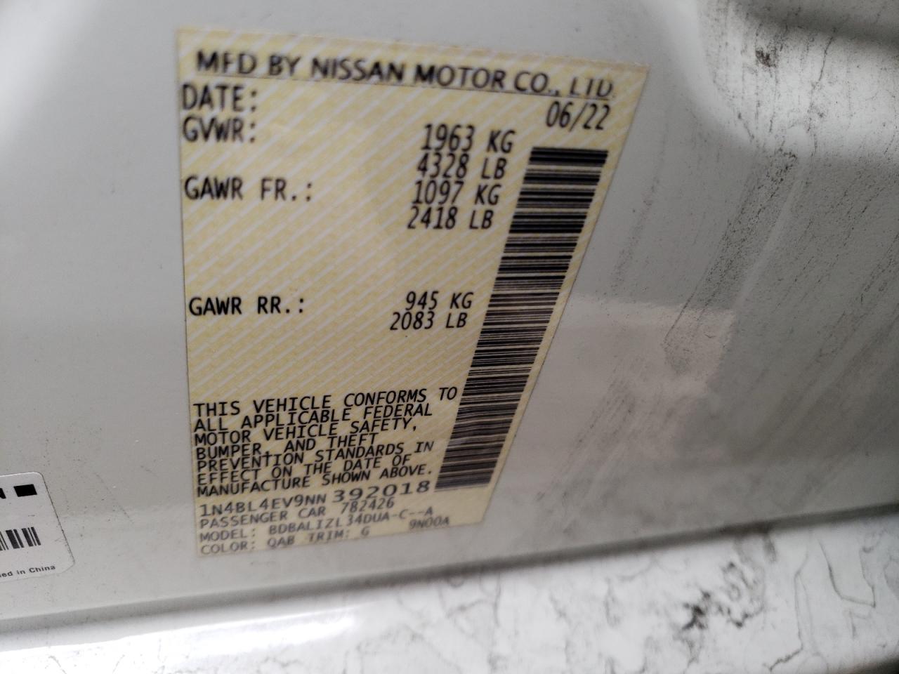 2022 Nissan Altima Sl VIN: 1N4BL4EV9NN392018 Lot: 94774895