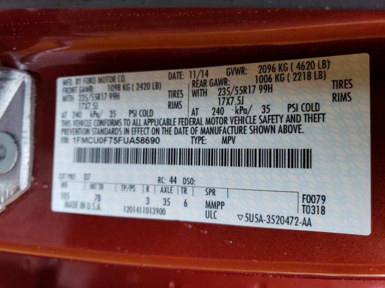 1FMCU0F75FUA58690 2015 Ford Escape S