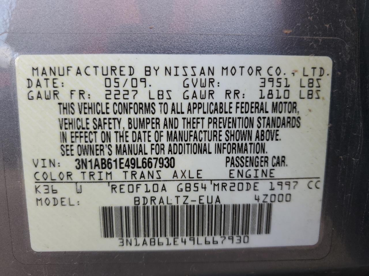 3N1AB61E49L667930 2009 Nissan Sentra 2.0