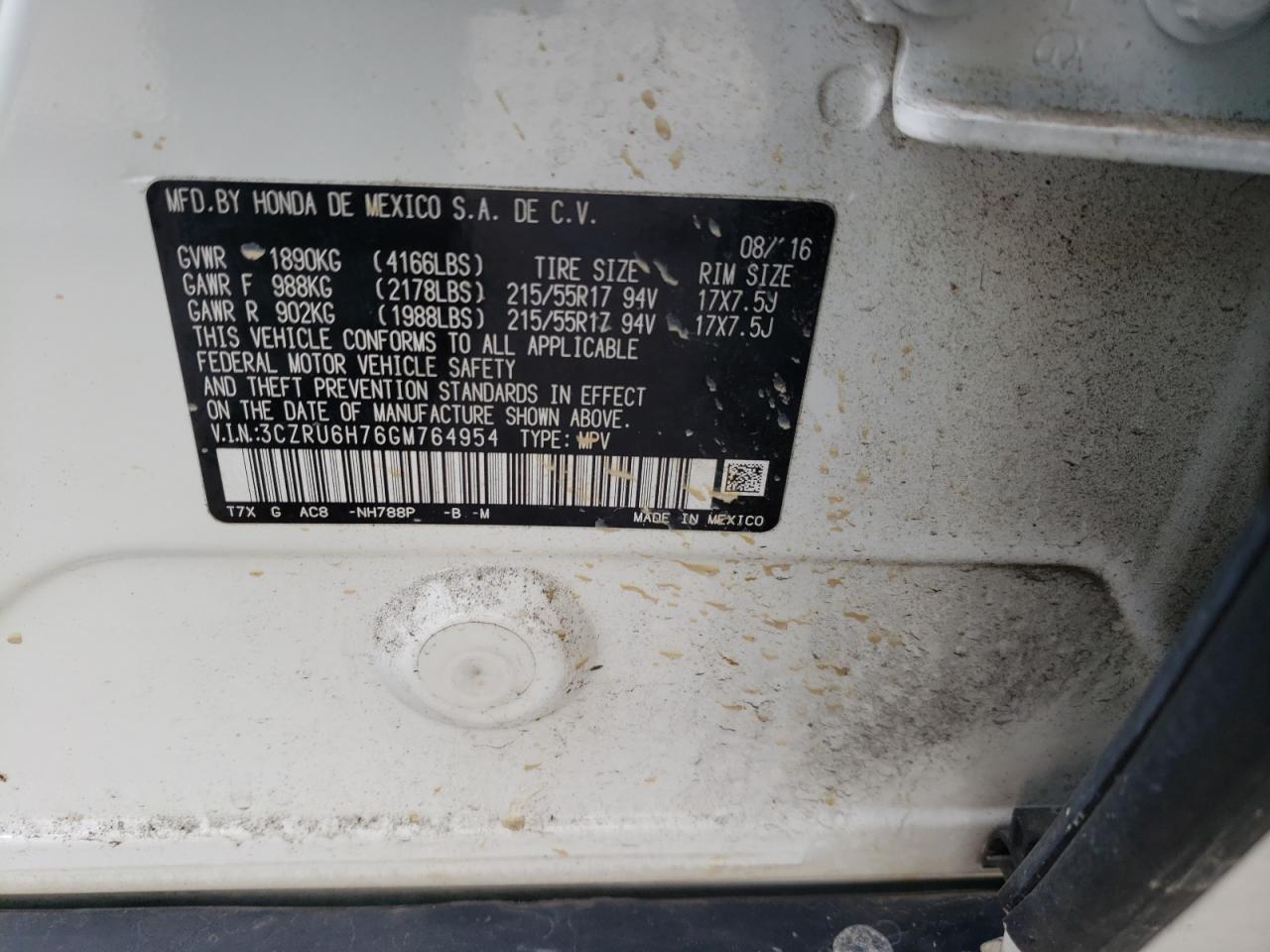3CZRU6H76GM764954 HONDA HR-V 2016