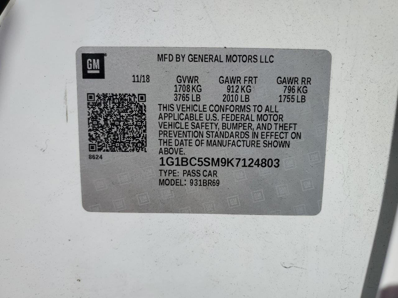 1G1BC5SM9K7124803 CHEVROLET CRUZE 2019