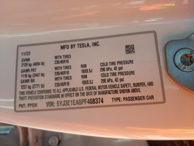 5YJ3E1EA6PF408374 Tesla MODEL 3
