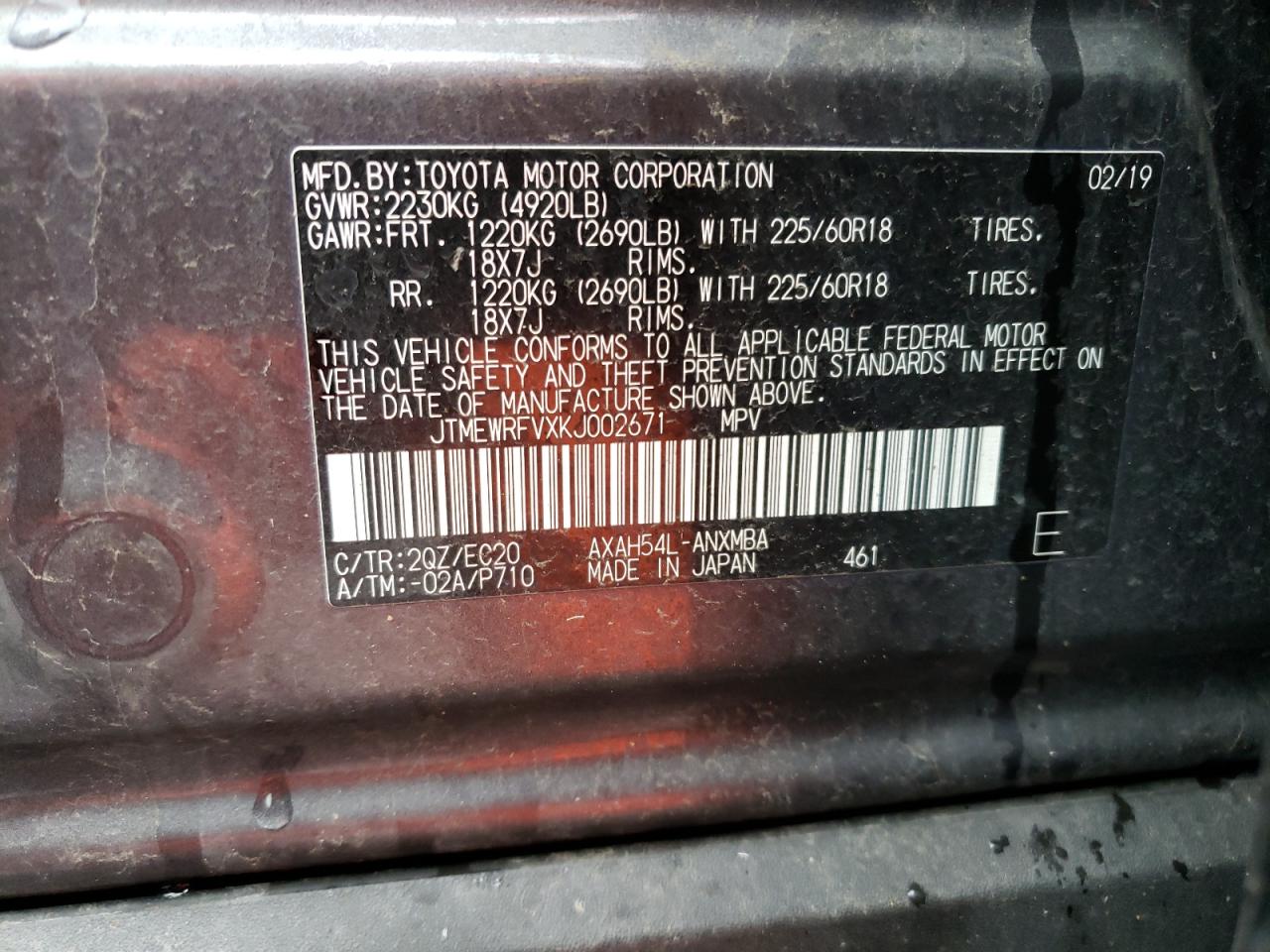 JTMEWRFVXKJ002671 TOYOTA RAV4 2019
