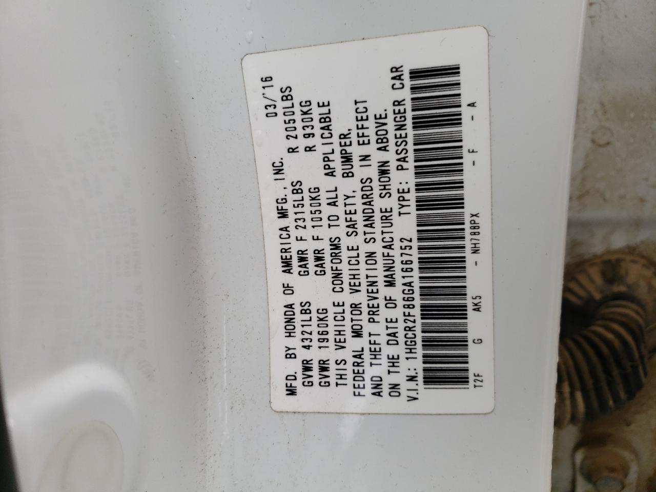 1HGCR2F86GA166752 HONDA ACCORD 2016
