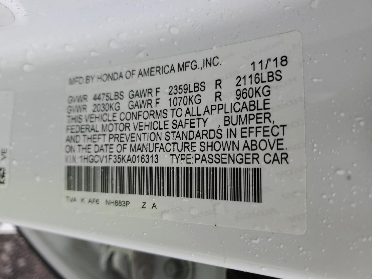 1HGCV1F35KA016313 HONDA ACCORD 2019