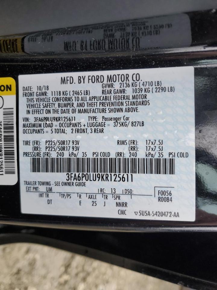 3FA6P0LU9KR125611 FORD FUSION 2019