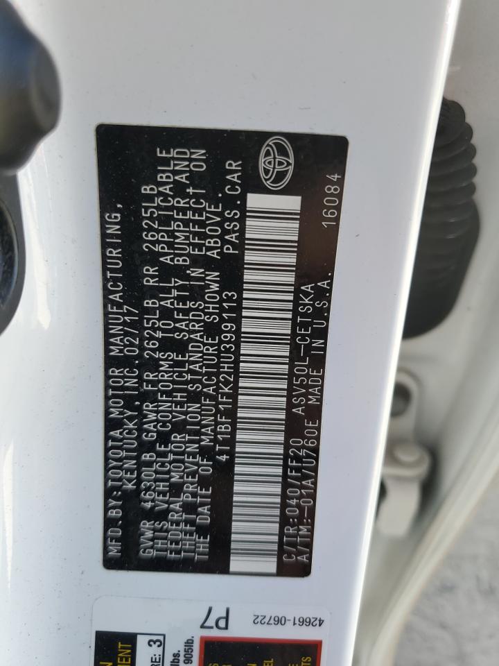 4T1BF1FK2HU399113 TOYOTA CAMRY 2017