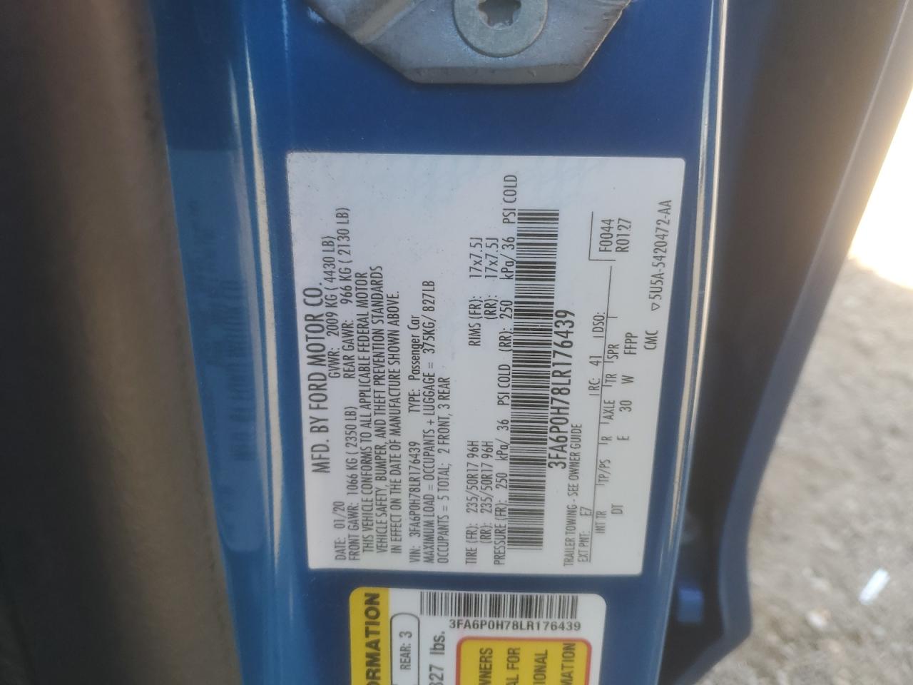 3FA6P0H78LR176439 FORD FUSION 2020