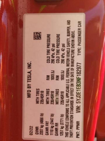 5YJ3E1EB3NF182977 Tesla MODEL 3