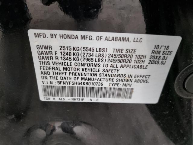 2019 HONDA PILOT TOUR - 5FNYF5H64KB010736
