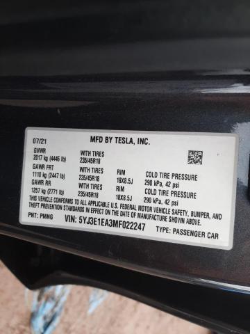 5YJ3E1EA3MF022247 Tesla MODEL 3